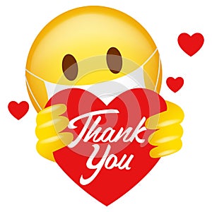 Emoticon wearing medical mask holding heart symbol with Thank You messag