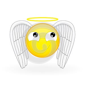 Emoticon with wings and a nimbus. Angel emoticon. Holy emoticon. Innocent emoji.