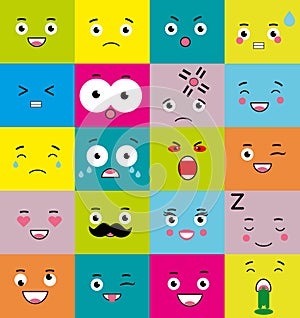 Emoticons, emoji icons set. Colorful square mood symbols, face expressions