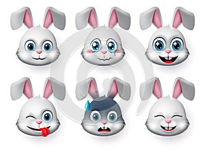 Emoticons and emoji rabbit face vector set. Rabbits bunny faces animal emojis in naughty, crying, excited, smiling and happy.