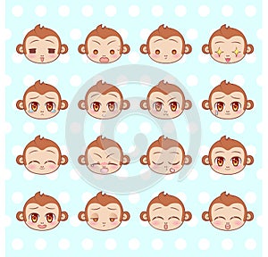 Emoticons, emoji, smiley set, colorful Sweet Little cute kawaii anime cartoon monkey different emotions mascot sticker Happy, sad,
