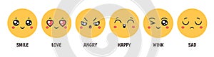 Emoticons emotions. Cartoon emoji faces with happy smile, love, sad, angry and wink for social media, chat or customer