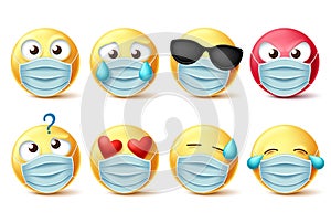 Emoticons face mask vector emojis set. Emojis and covid-19 emoticons with face mask and facial expressions