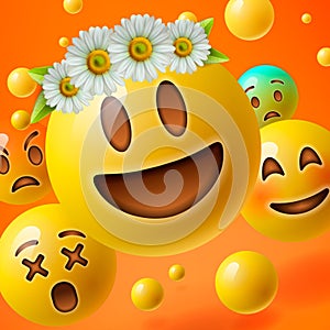 Emoticons with flower on head, background with group of smiley emoji