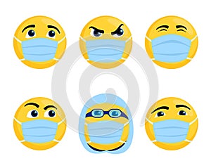 Emoticons in medical masks. set of vector icons on a white background