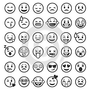 Emoticons outline. Emoji faces emoticon funny smile line black icons expression smiley facial people humor mood, flat