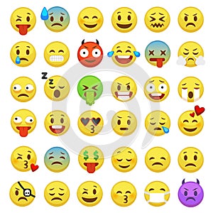 Emoticons set. Emoji faces emoticon smile funny digital smiley expression emotion feelings chat messenger cartoon emotes