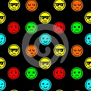 Emoticons smile faces vector seamless pattern. Different emoji icons in pixel art on black background. Cool in sunglasses, broodin