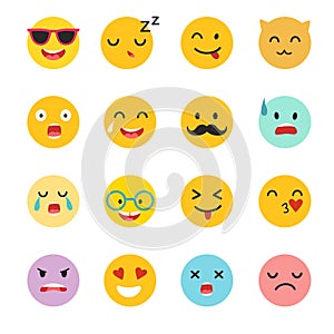 Emoticons vector set. Emoji icons, yellow circle illustration.