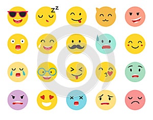 Emoticons vector set. Emoji icons, yellow circle illustration.