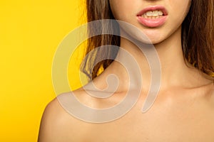 Emotion annoyed woman baring teeth scowling anger
