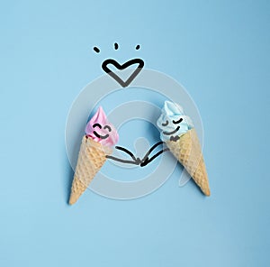 Emotion cartooning of colorful sweet ice cream cone isolated on blue pastel background ,holiday and relax concept