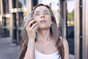 Emotion expressing people person concept. Close up photo portrait of exhausted tired thirsty woman touching attaching applying ice