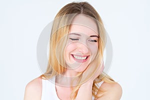 Emotion face content smiling delighted woman