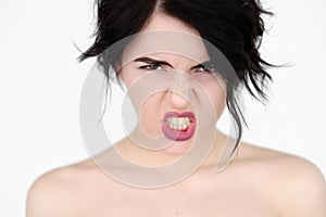 Emotion face furious woman rage baring teeth