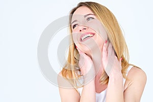 Emotion face smiling frolic exhilarated woman