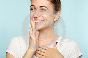 Emotion face smiling woman pleased self satisfied