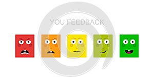 Emotion feedback scale. Angry, sad, neutral, satisfied and happy emoticon set review of consumer. Funny cartoon hero emotion