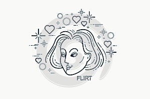 Emotion of flirt concept, vector drawing of a woman face displays positive and courage.