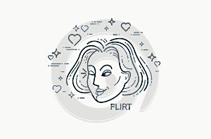 Emotion of flirt concept, vector drawing of a woman face displays positive and courage