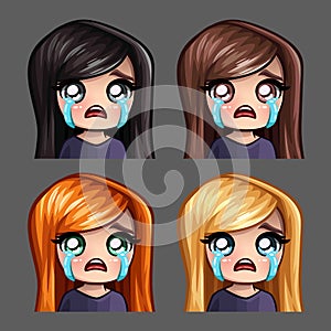 Emotion icons crying female with long hairs for social networks and stickers