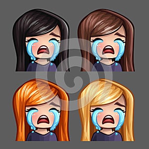 Emotion icons crying female with long hairs for social networks and stickers