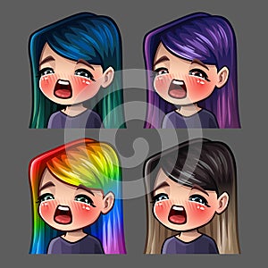 Emotion icons gasm female with long hairs for social networks and stickers