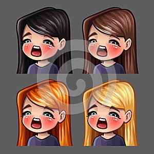 Emotion icons gasm female with long hairs for social networks and stickers