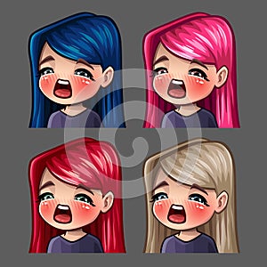 Emotion icons gasm female with long hairs for social networks and stickers