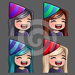 Emotion icons happy party female with long hairs for social networks and stickers