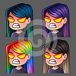 Emotion icons rage female with long hairs for social networks and stickers