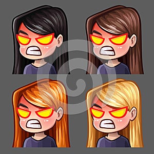 Emotion icons rage female with long hairs for social networks and stickers