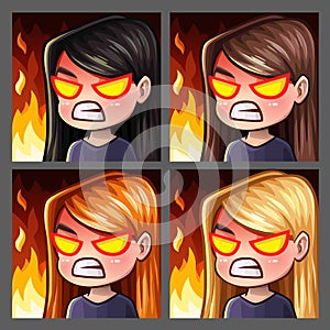 Emotion icons rage female with long hairs for social networks and stickers