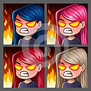 Emotion icons rage female with long hairs for social networks and stickers