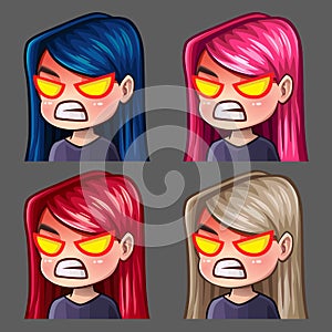 Emotion icons rage female with long hairs for social networks and stickers