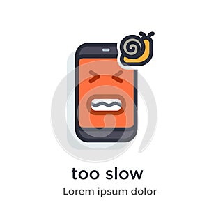 Emotion phone problems, glitches, virus, firmware, os, snail, slowly, friezes, annoying, work, illustration Icon.