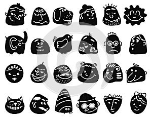 Emotional abstract avatars. Negative friend avatar, isolated emotions face. Drawn smile mouth, flat funny black humor