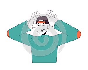 Emotional asian man squeezing head 2D linear cartoon character