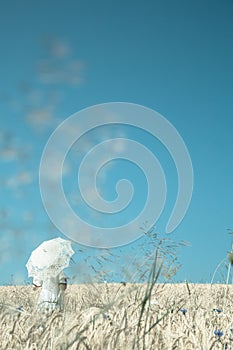 Emotional blue turquoise vintage background with one walking girl.