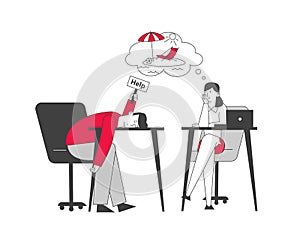 Emotional Burnout. Hard Work Business Man and Woman Sitting at Working Place with Computer in Office Hold Sign Help
