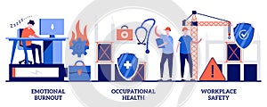 Emotional burnout, occupational health, workplace safety concept with tiny people. Employee health vector illustration set.