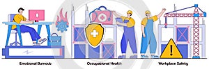 Emotional burnout, occupational health, workplace safety concept with tiny people. Employee health vector illustration set.