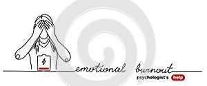 Emotional burnout, stress, low battery simple vector background with woman. Psychologist help web banner. Emotional
