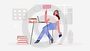 Emotional burnout woman,tired of the huge amount of work, sitting at her working place with laptop in office and holds the sign