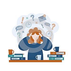 Emotional burnout Woman under anxiety pressure Social demands and work life balance problems Concept vector illustration