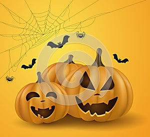 Emotional cartoon 3d pumpkins for the holiday Halloween. Festive cover. Trick or treat. Cobweb with spider and bats. Vector