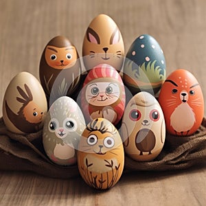 emotional colorful eggs on a wooden table.