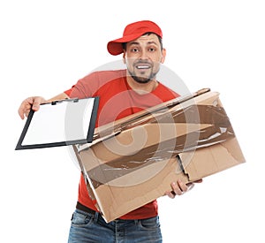Emotional courier with damaged cardboard box and clipboard on background. Poor quality delivery service