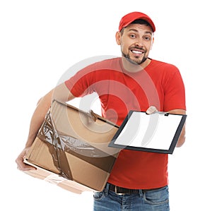 Emotional courier with damaged cardboard box and clipboard on background. Poor quality delivery service