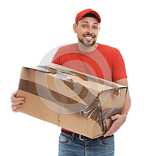 Emotional courier with damaged box on white background. Poor quality delivery service